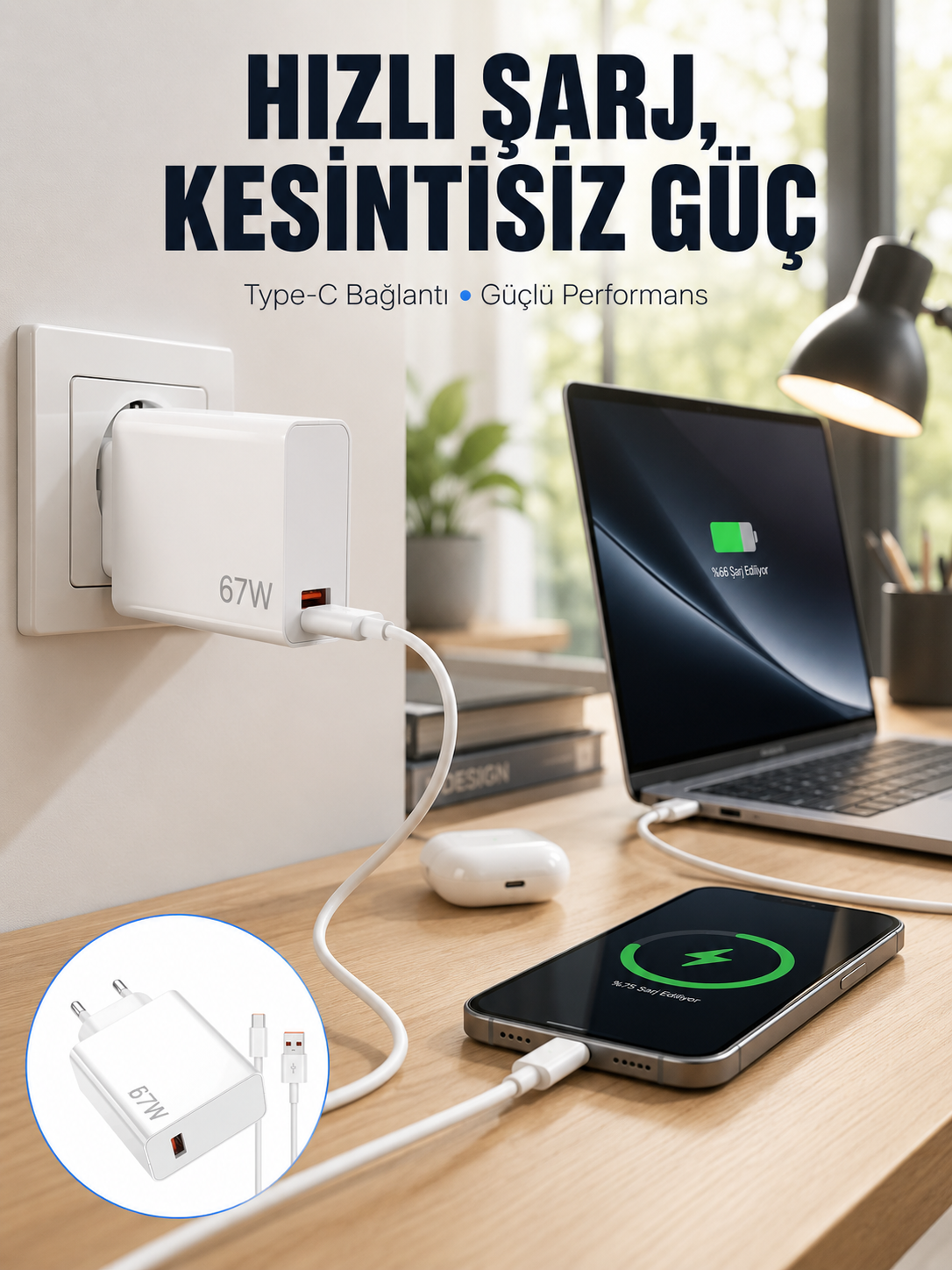 67W Type-C Turbo Şarj Cihazı – Aşırı Akım ve Isı Koruması, Seyahat Uyumlu