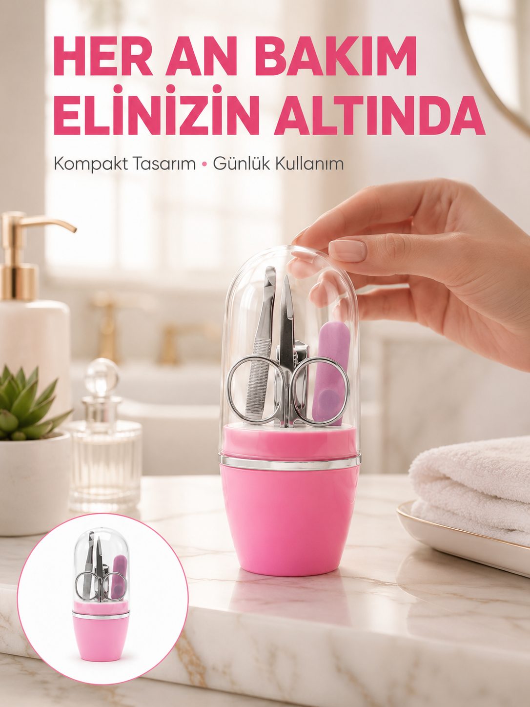 Tırnak Bakım Manikür Pedikür Seti 4 Parça Pembe Pratik Günlük Kullanım