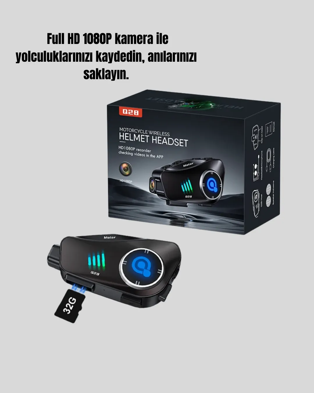 Q28 Full HD Kameralı Motosiklet Kask Kulaklığı – 45 Saat Müzik, IPX6 Su Geçirmez