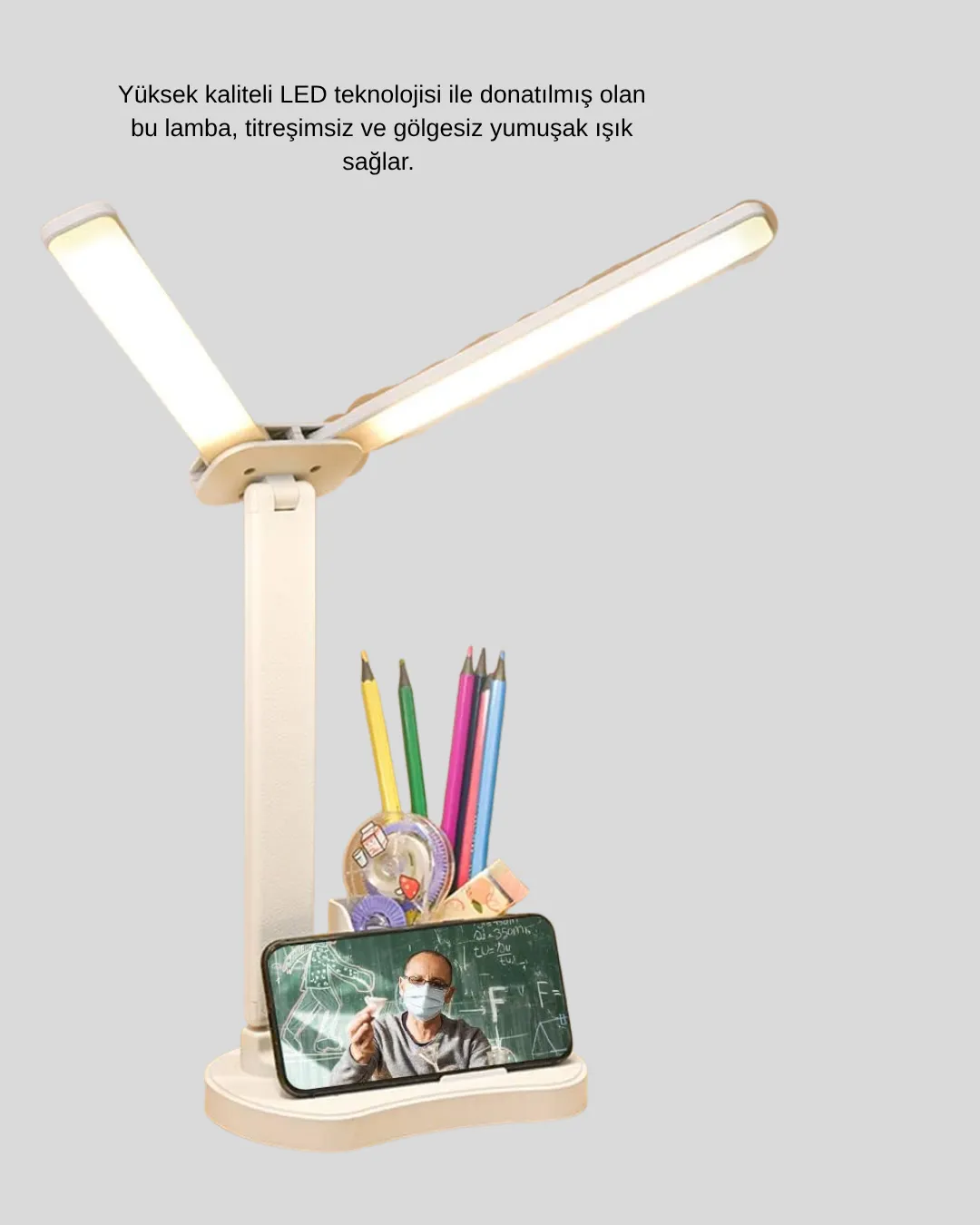 Kalemlik ve Telefon Standlı Masa Lambası – Kısılabilir LED Işık, Göz Dostu Tasarım