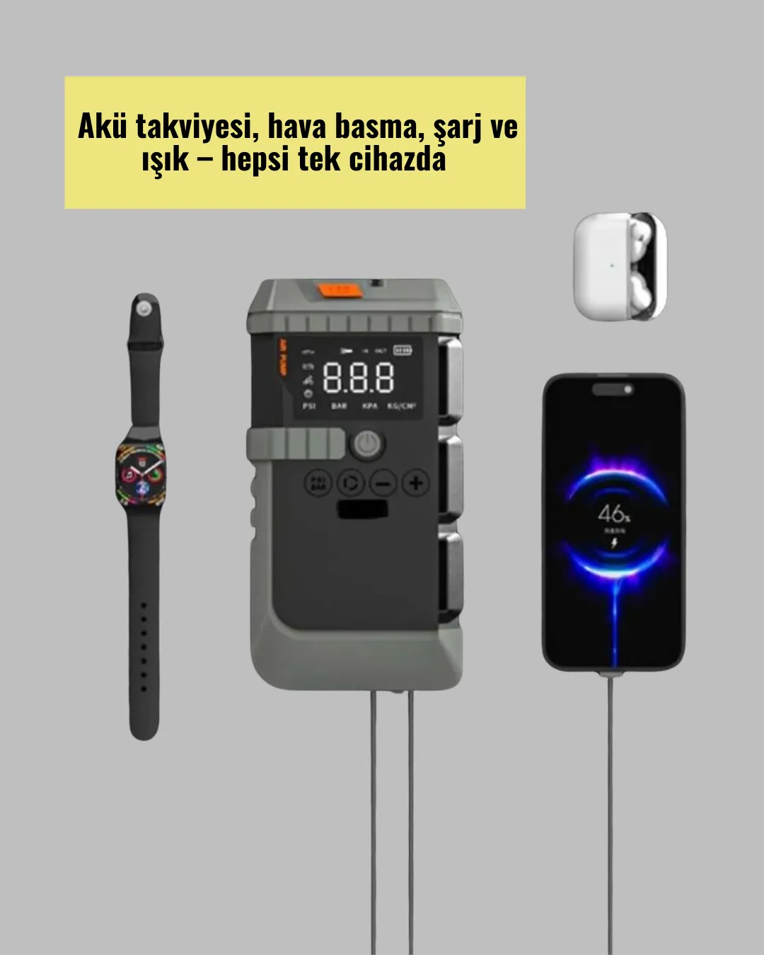 Taşınabilir Akü Takviye Cihazı Işıklı Hava Kompresörü Powerbank