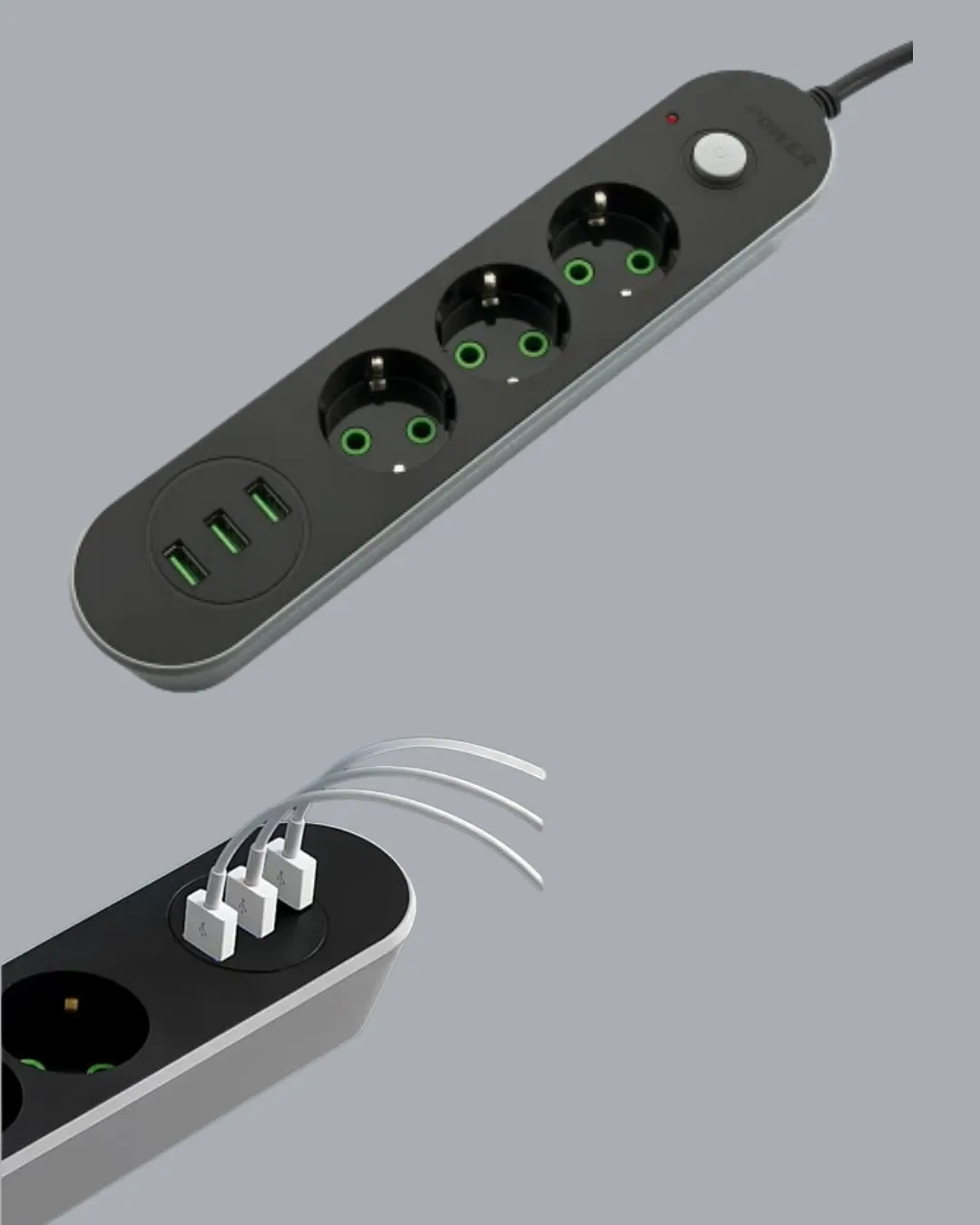 Akım Korumalı Anahtarlı USB Girişli Üçlü Priz