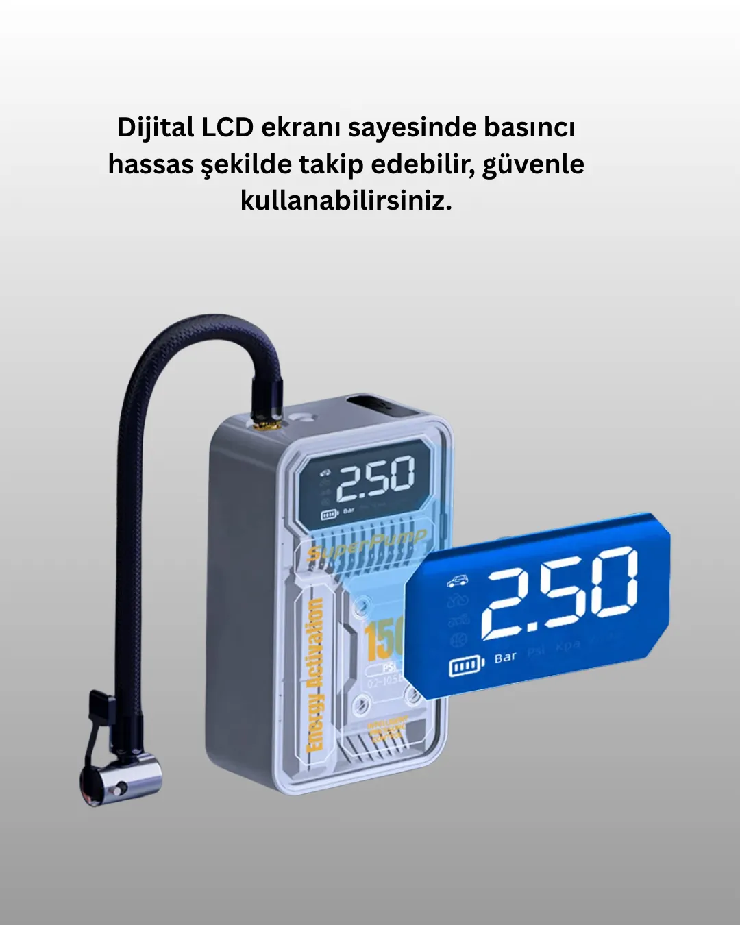 150 PSI Kablosuz Dijital Ekranlı Taşınabilir Araç Lastik Pompası