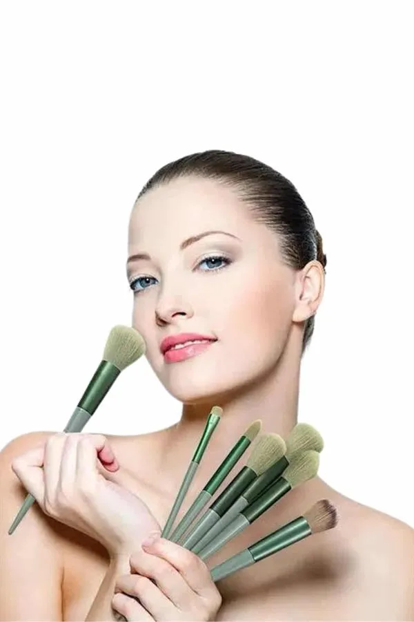 Makyaj Fırça Seti Yeşil 13 Parça Fondöten Fırçası Allık Fırçası Far Fırçası
