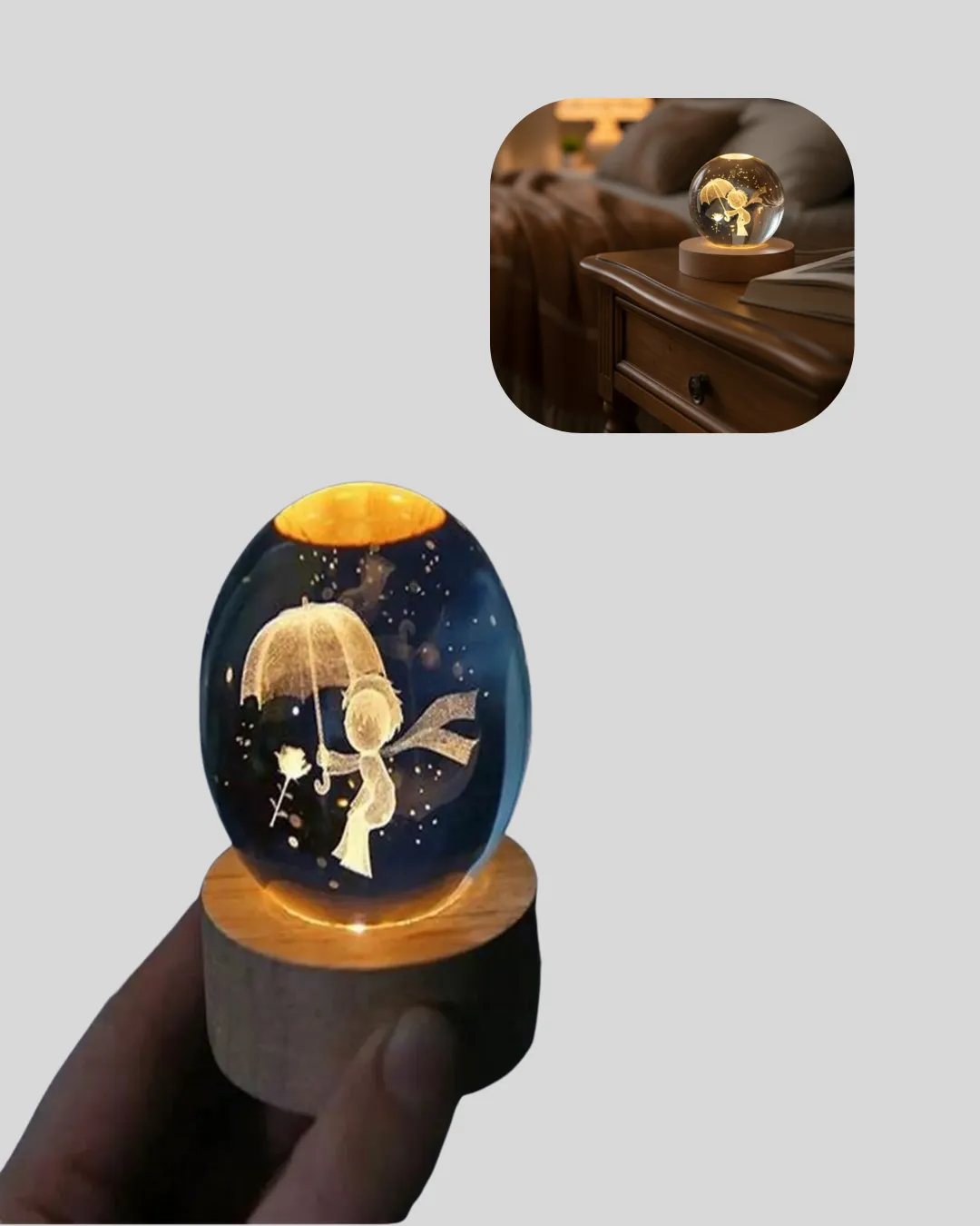 8 cm Küçük Prens 3D Kristal Küre USB Işıklı Ahşap Altlıklı Dekoratif Lamba