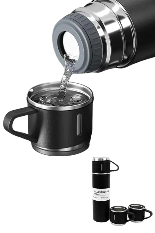 Termos Paslanmaz Çelik Termos Siyah Renk 3 Bardaklı Termos Seti