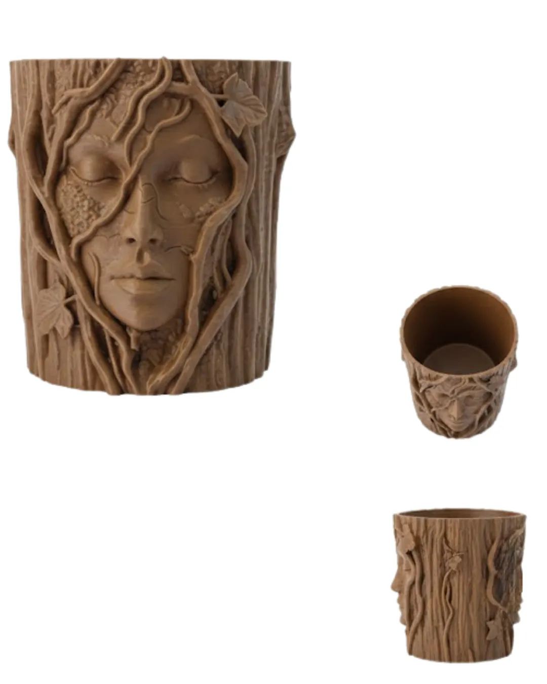 3D Doğal Ahşap Görünümlü Yüz Detaylı Dekoratif Vazo Sanat Tasarım