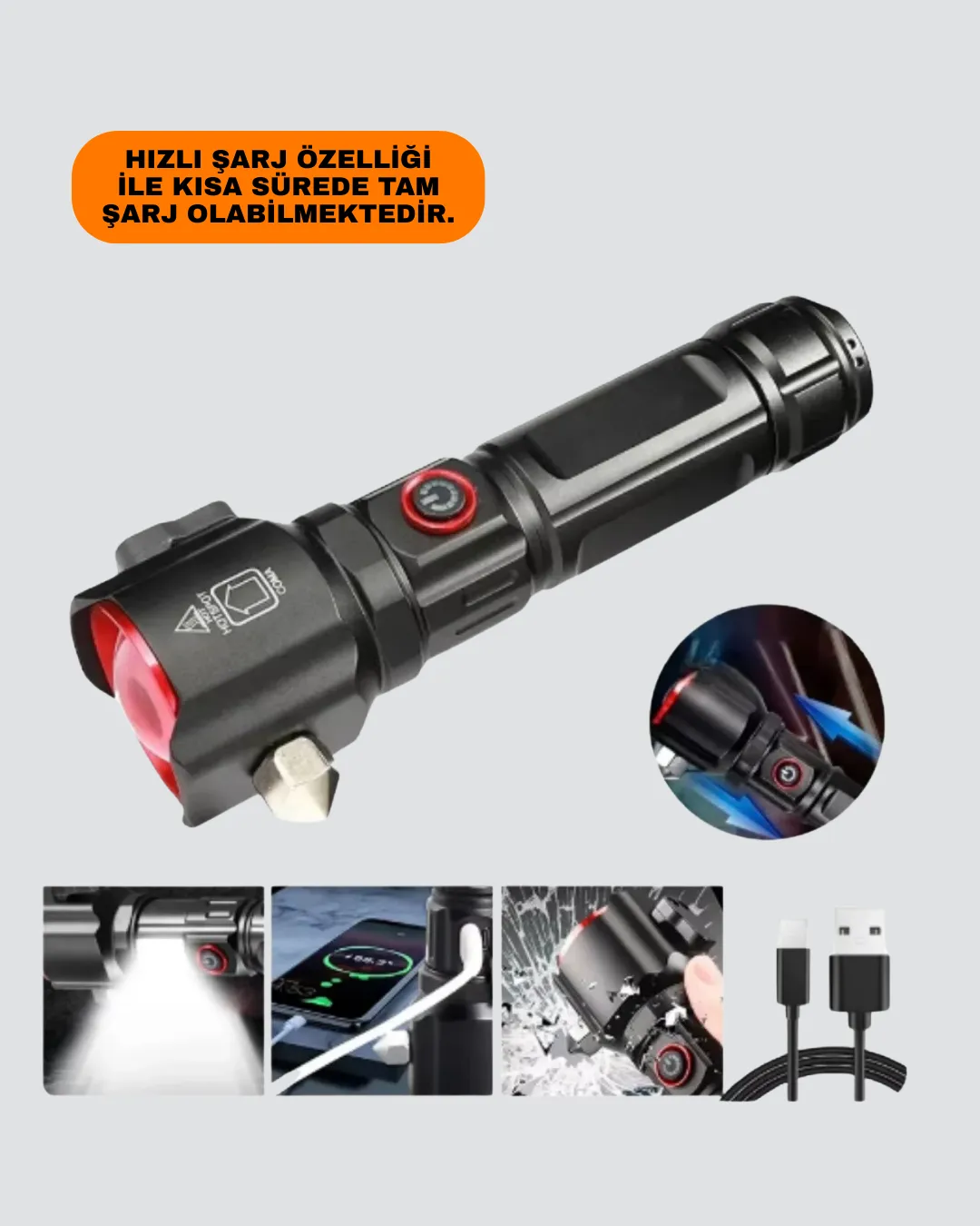 USB Şarjlı Çok Amaçlı El Feneri Çekiçli Pusulalı