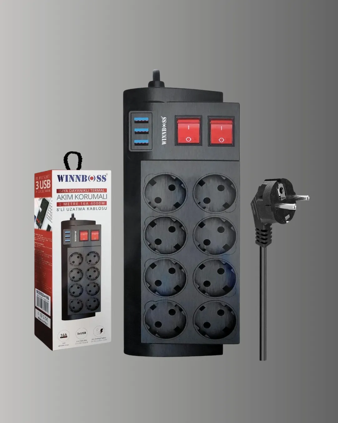 Isıya Dayanıklı Termal Akım Korumalı 8'li Priz ve 3 USB Girişli Uzatma Kablosu