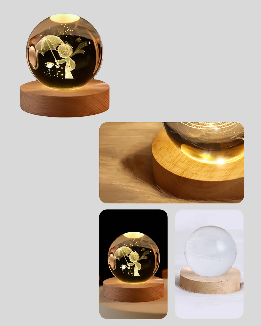 Küçük Prens Figürlü 3D Kristal Top Sıcak Işıklı USB Ahşap Tabanlı Dekor Lamba