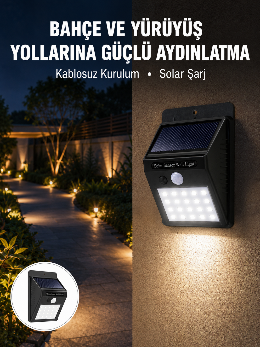 Kablosuz Solar LED Lamba | Bahçe, Veranda, Merdiven Işığı, Otomatik Aç-Kapa Sensörlü