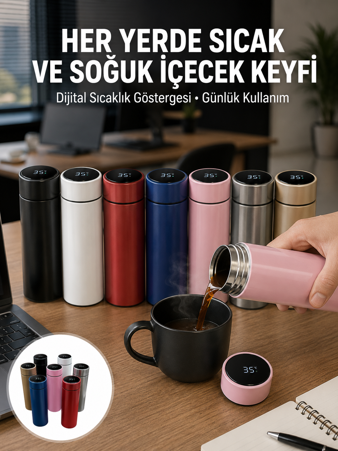 Uzun Süre Isı Koruma Sağlayan Dijital Göstergeli Termos