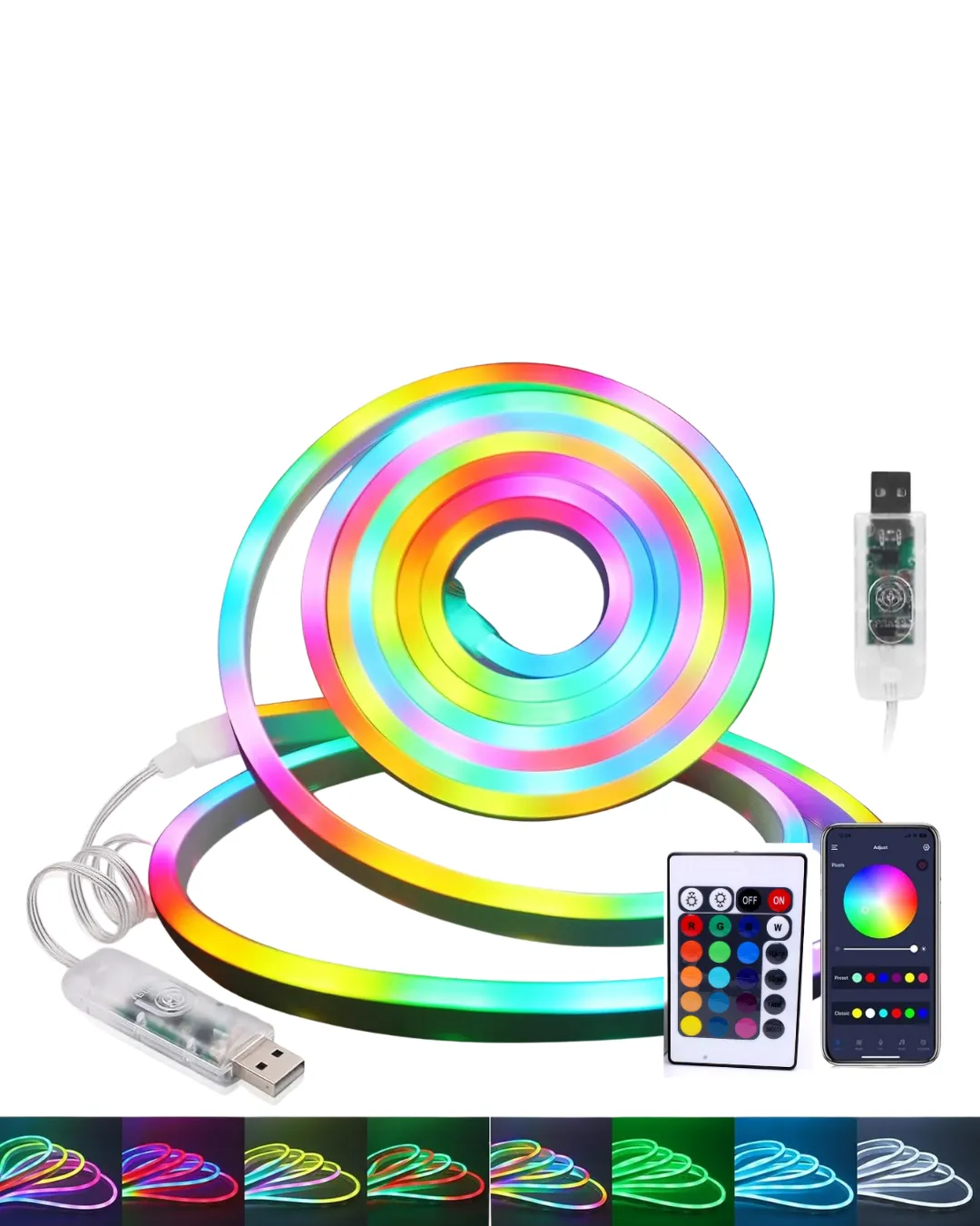 RGB Akıllı LED Neon Şerit Işık 3 Metre Uzaktan Kumandalı ve Telefon Kontrollü Renkli Aydınlatma
