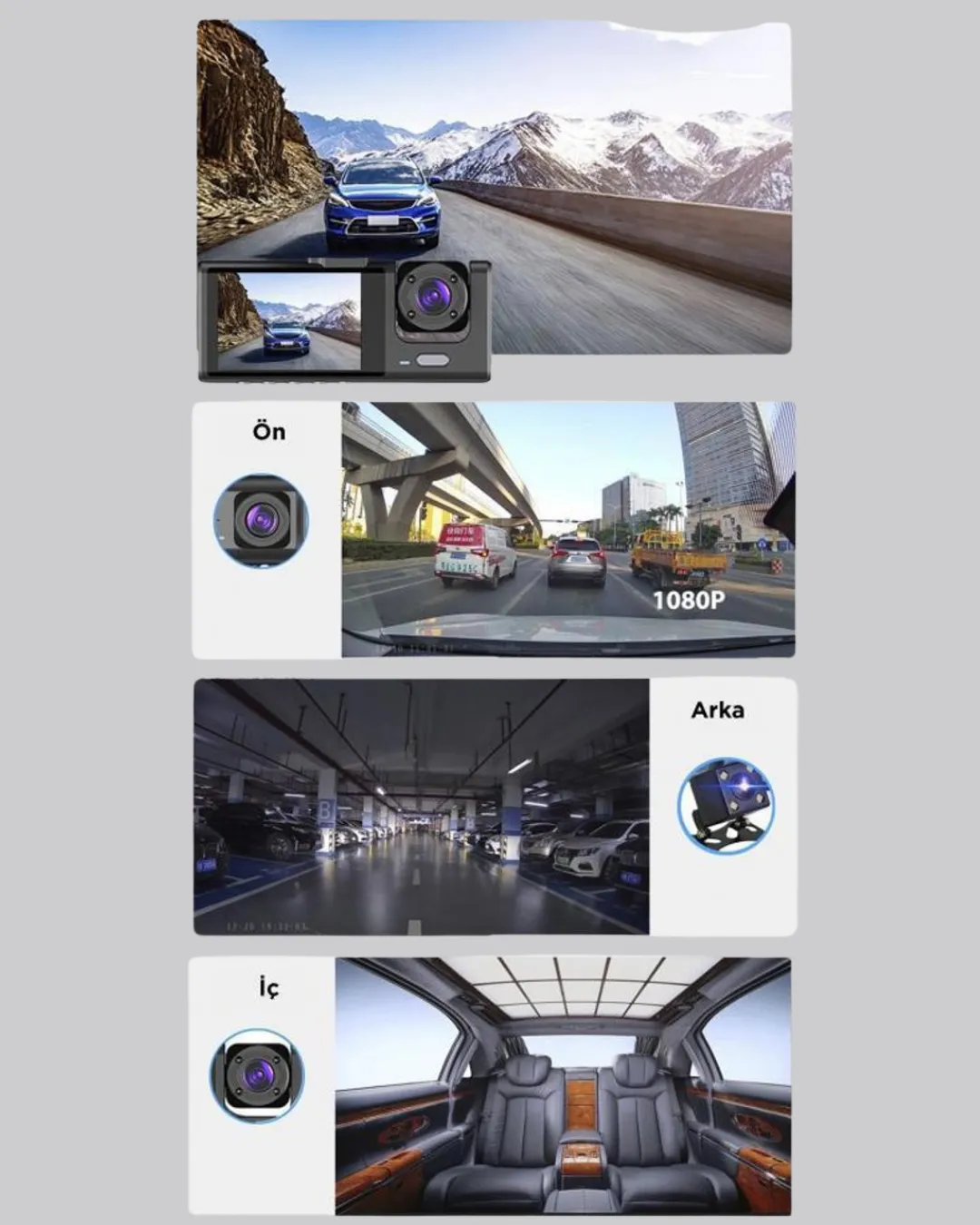 Üç Kameralı Araç Kamerası | Full HD 1080P Ön + HD İç/Arka