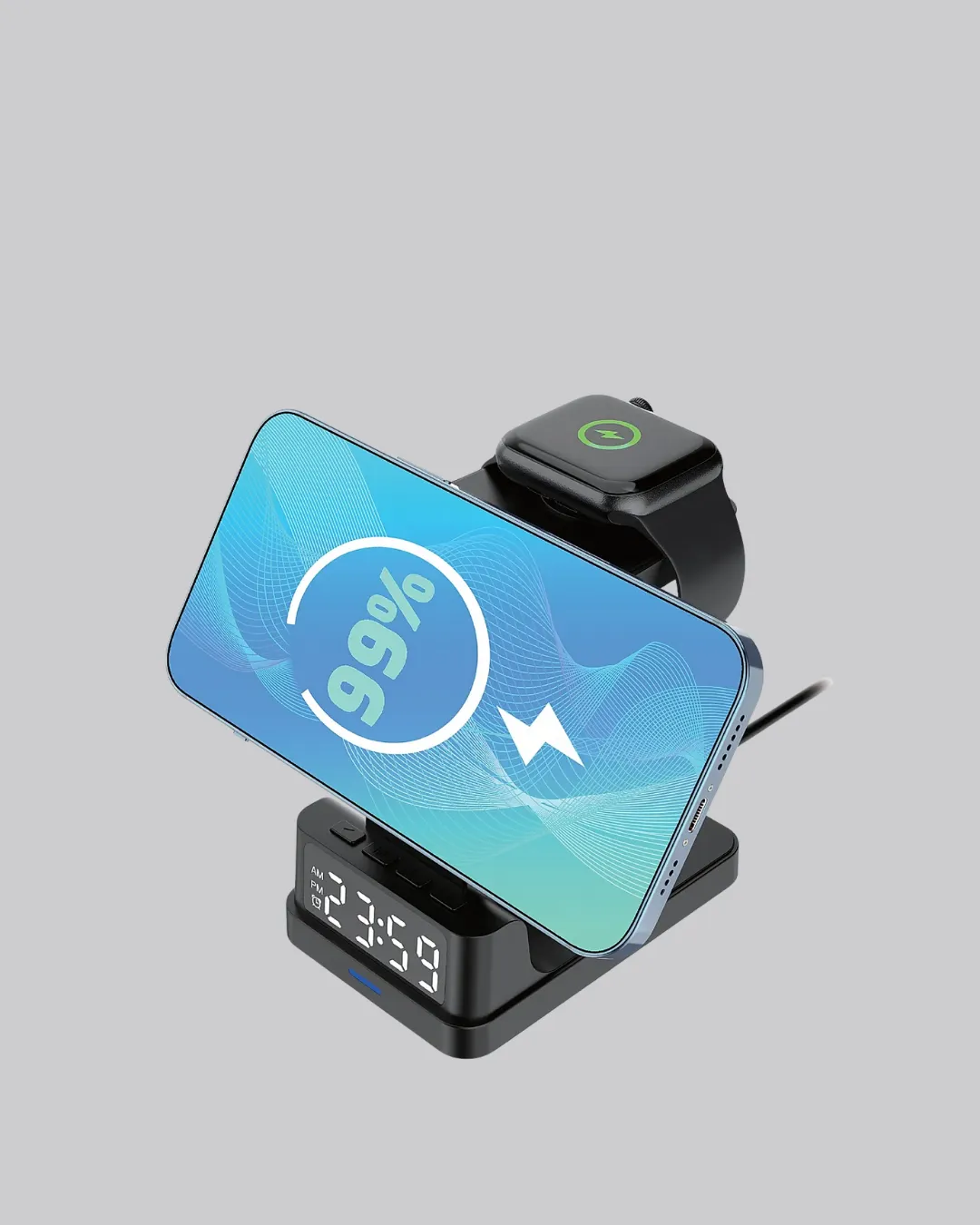 Kablosuz Şarj Cihazı ve Dijital Saat – 4’ü 1 Arada Hızlı Şarj, Apple Uyumlu, LED Işıklı Tasarım