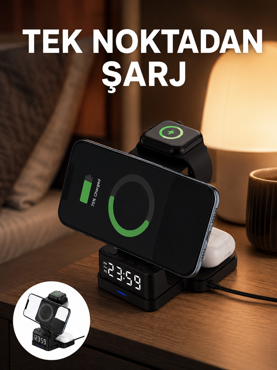 LED Dijital Saatli Kablosuz Şarj Cihazı – 3 Parlaklık Ayarlı, Şarj Koruma Teknolojili
