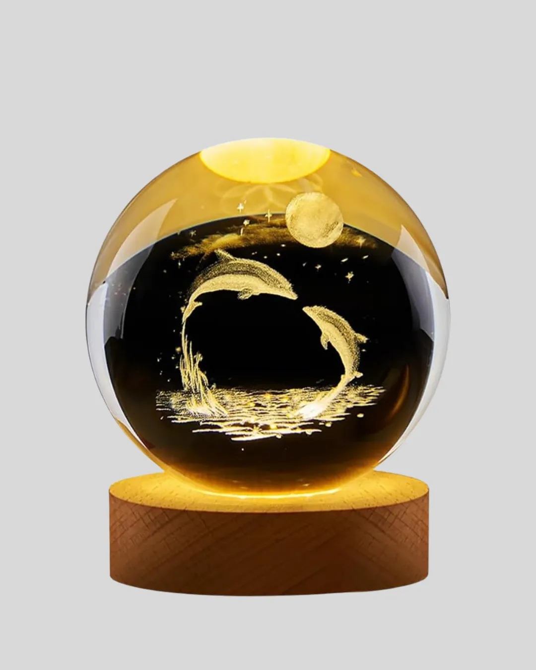Lazer İşlemeli Yunus Kristal Küre Sıcak Işıklı Ahşap Standlı