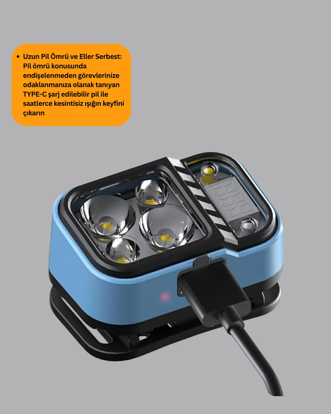 Üç Renkli LED Kafa Feneri 53 Mod Güç Göstergeli Type C Şarjlı