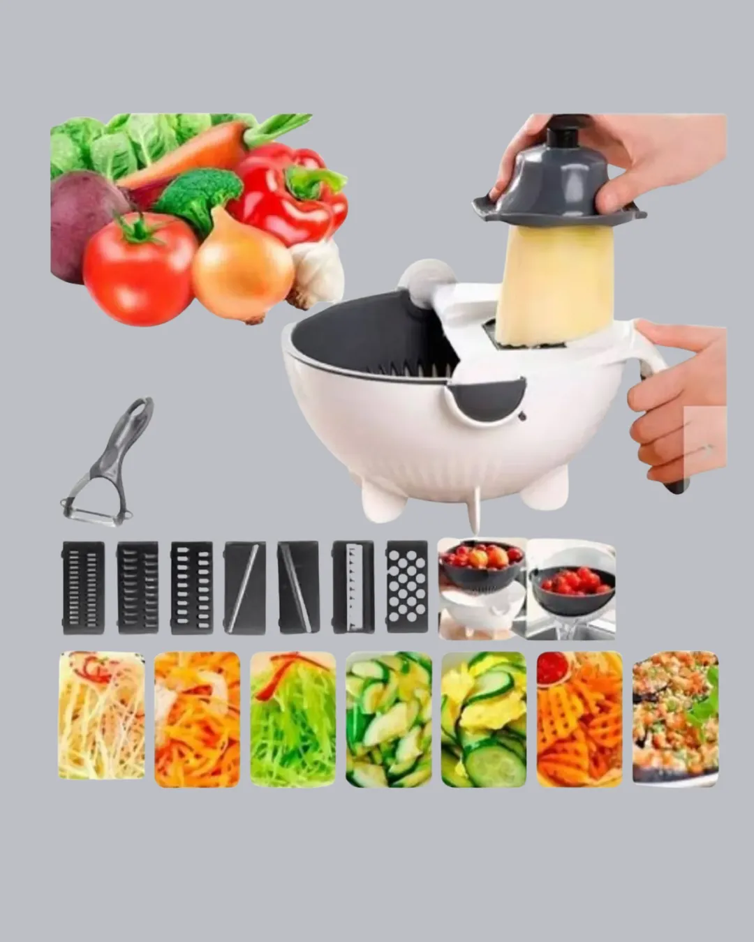 5 Fonksiyonlu Döner Rende Süzgeçli Çok Amaçlı Sebze Doğrayıcı Kaymaz Tabanlı