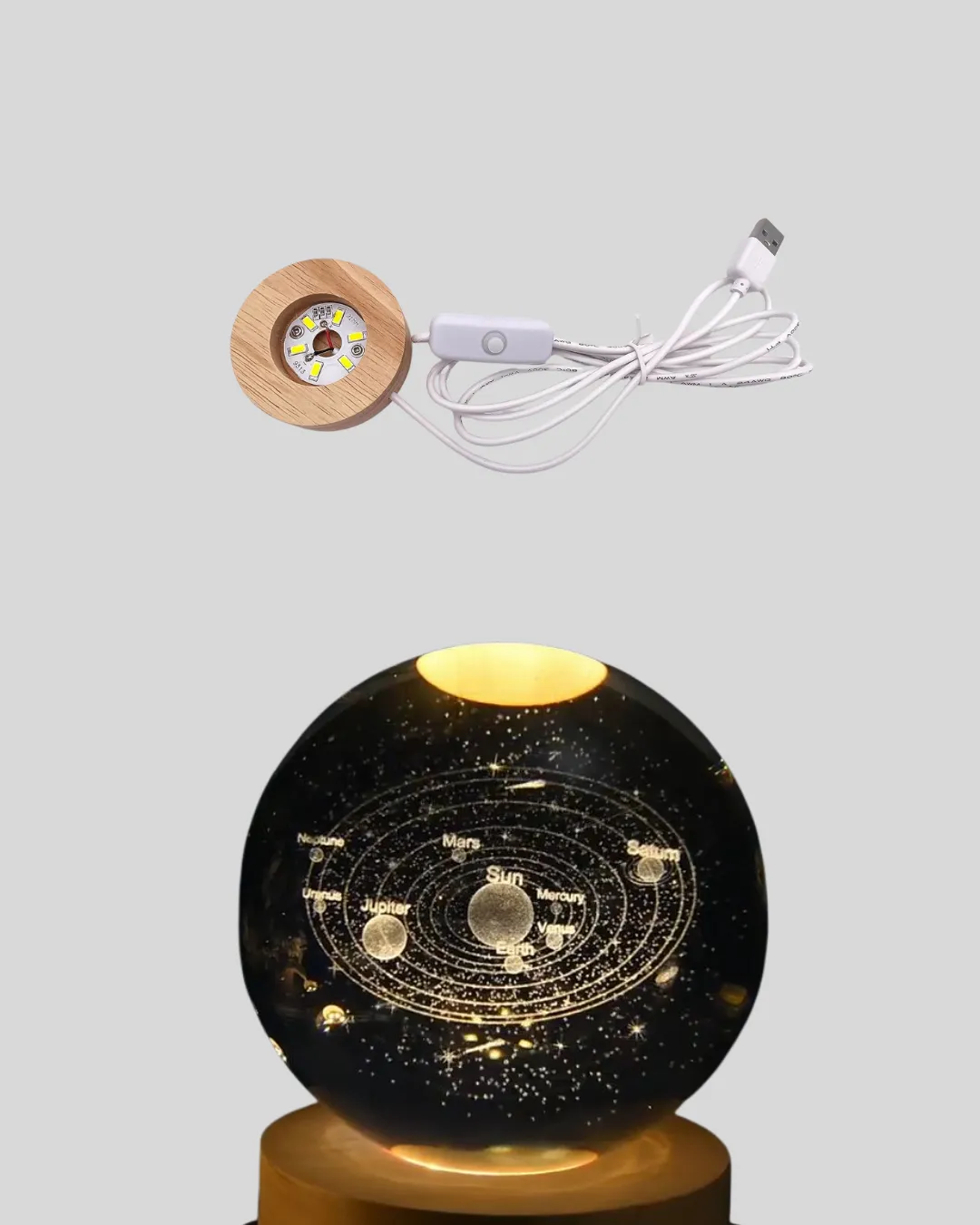 Ahşap Standlı LED Kristal Küre Lazer İşlemeli Dekoratif Obje