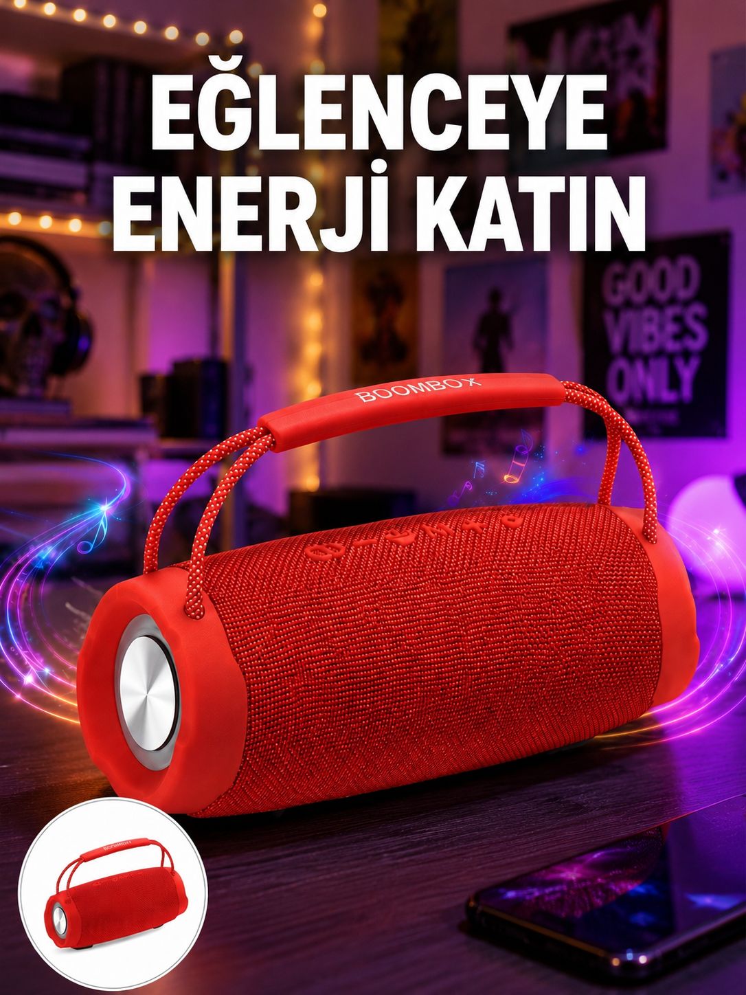 Derin Baslı Çift Hoparlörlü Taşınabilir Kablosuz Hoparlör