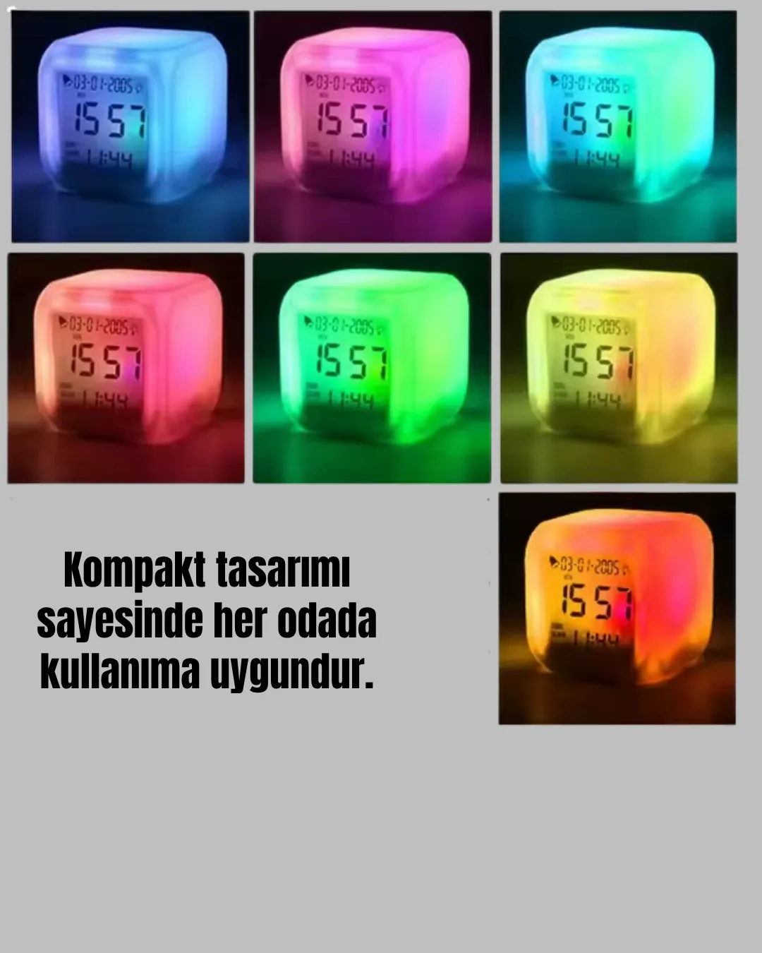 Termometre ve Takvim Özellikli 7 Renk Değiştiren Küp Alarm Saati