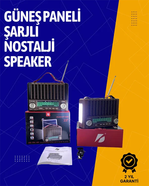 KTF-1428 Solar Enerjiyle Şarj Olabilen Bluetooth Nostalji Hoparlör – Taşınabilir, Güçlü Ses, MP3 Okuyucu