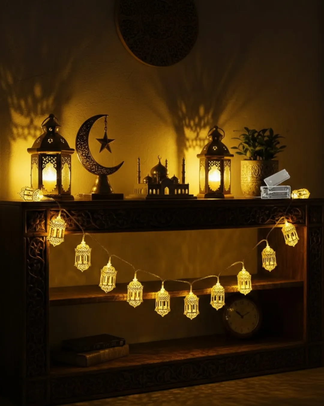 Pilli Altın Fenerli Ramazan Işıkları Dekoratif LED Zincir