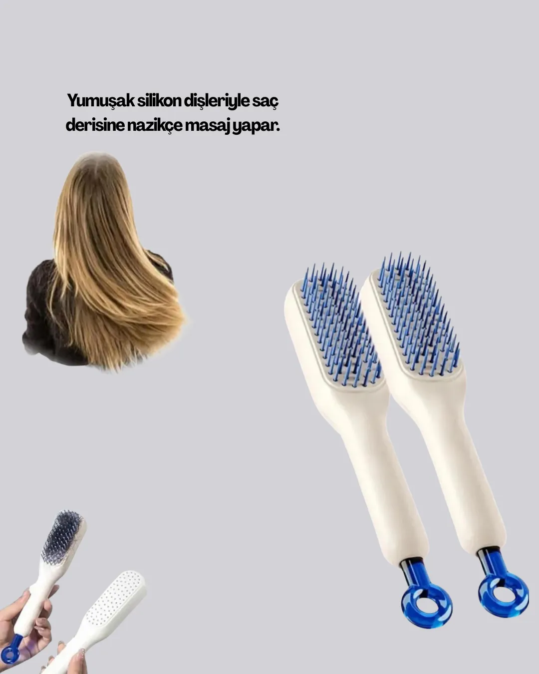 Kendi Kendini Temizleyen Saç Tarağı – Anti-Statik, Silikon Uçlu, ABS Malzeme, 22x4 cm