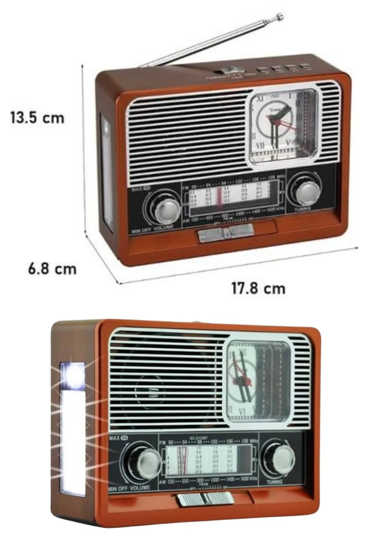 Saatli Fenerli Bluetooth Nostaljik Radyo AUX SD USB Girişli Bluetooth Hoparlör