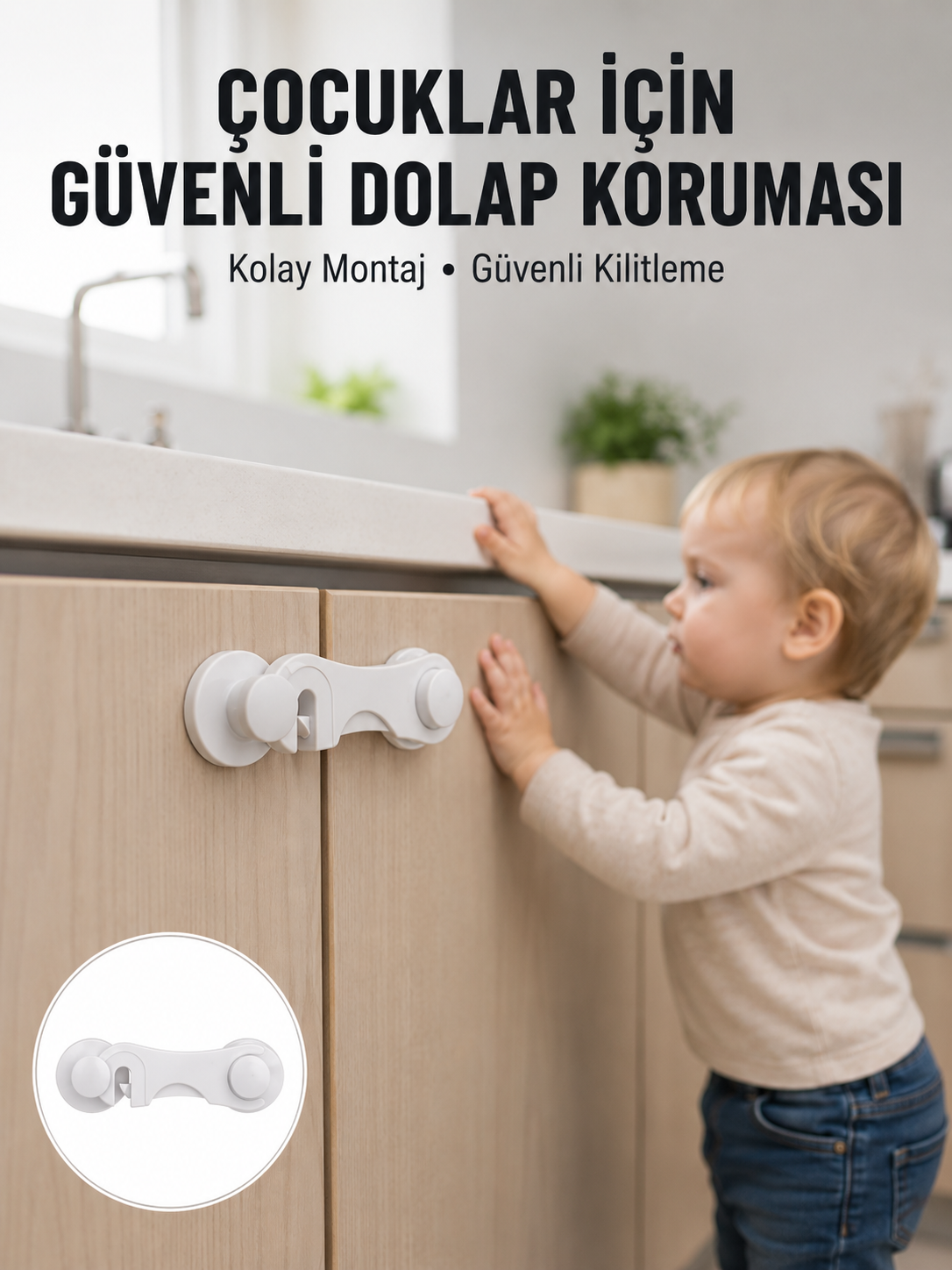 4 Adet Dolap ve Çekmece Emniyet Kilidi Çift Taraflı Bantlı Güvenli Tasarım