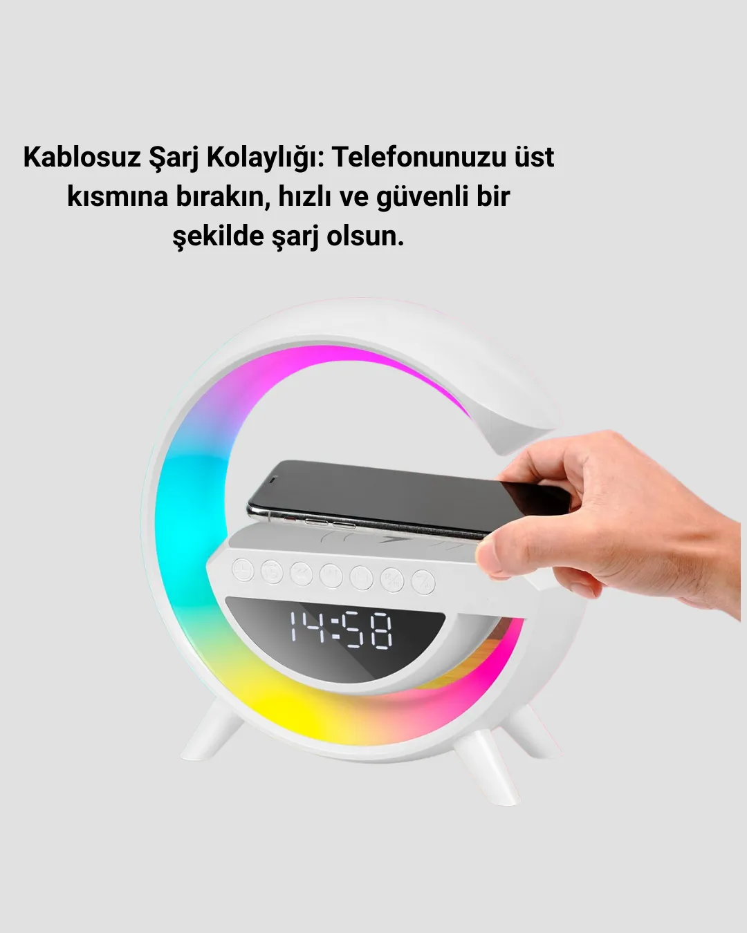 Kablosuz Şarjlı LED Masa Lambası Çalar Saat ve Beyaz Gürültü Özellikli