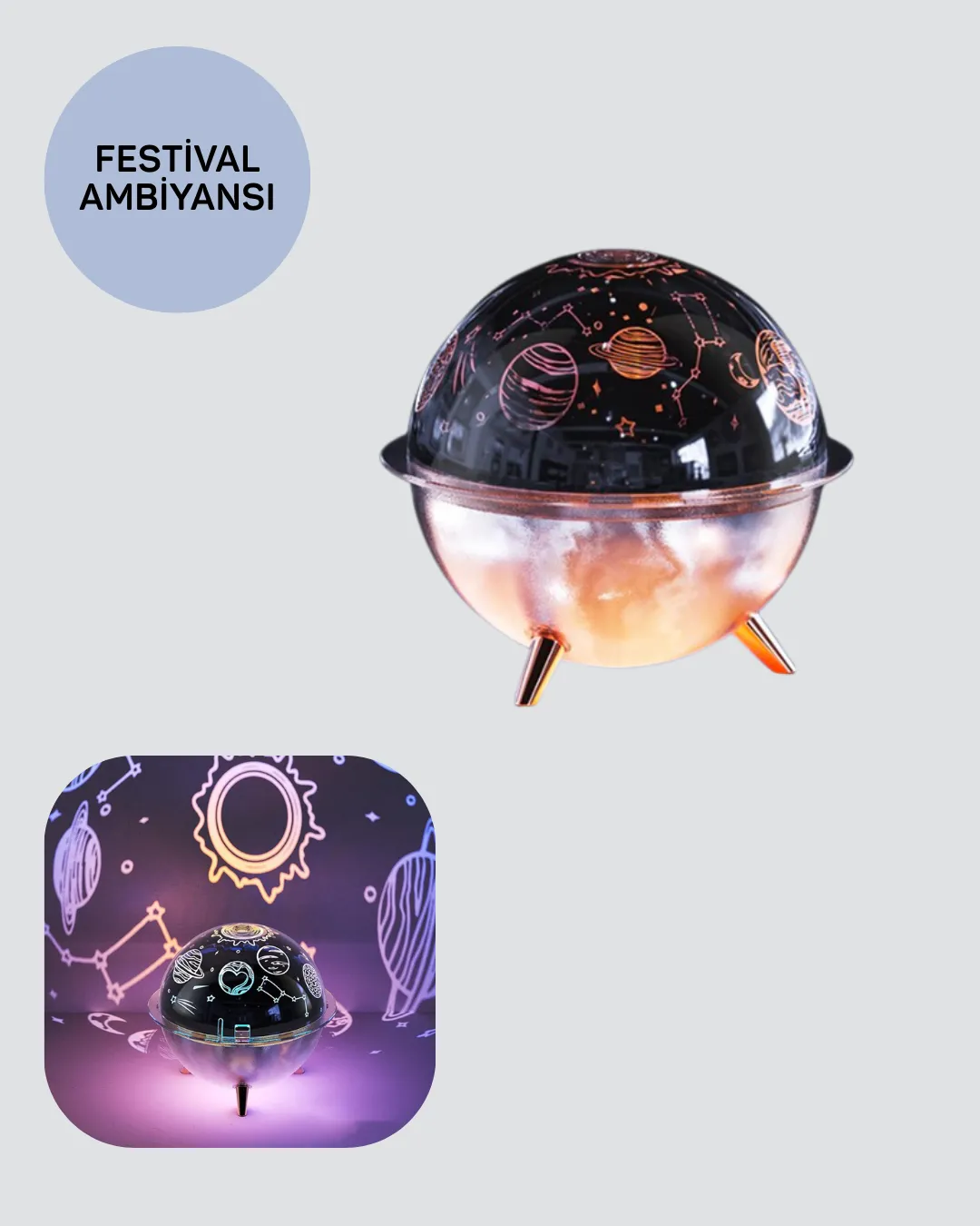 USB Şarjlı Uzay Temalı Işık Projektörü Hava Nemlendirici