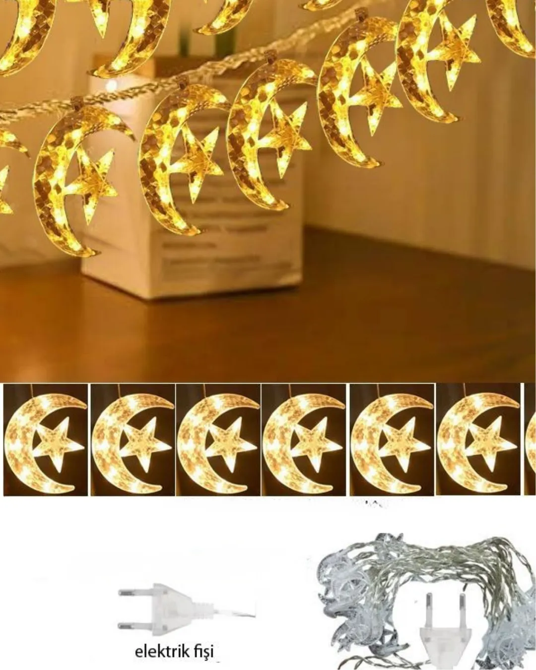 Sıcak Beyaz Ay Yıldız Işık Zinciri Parti Düğün Ramazan Dekoru