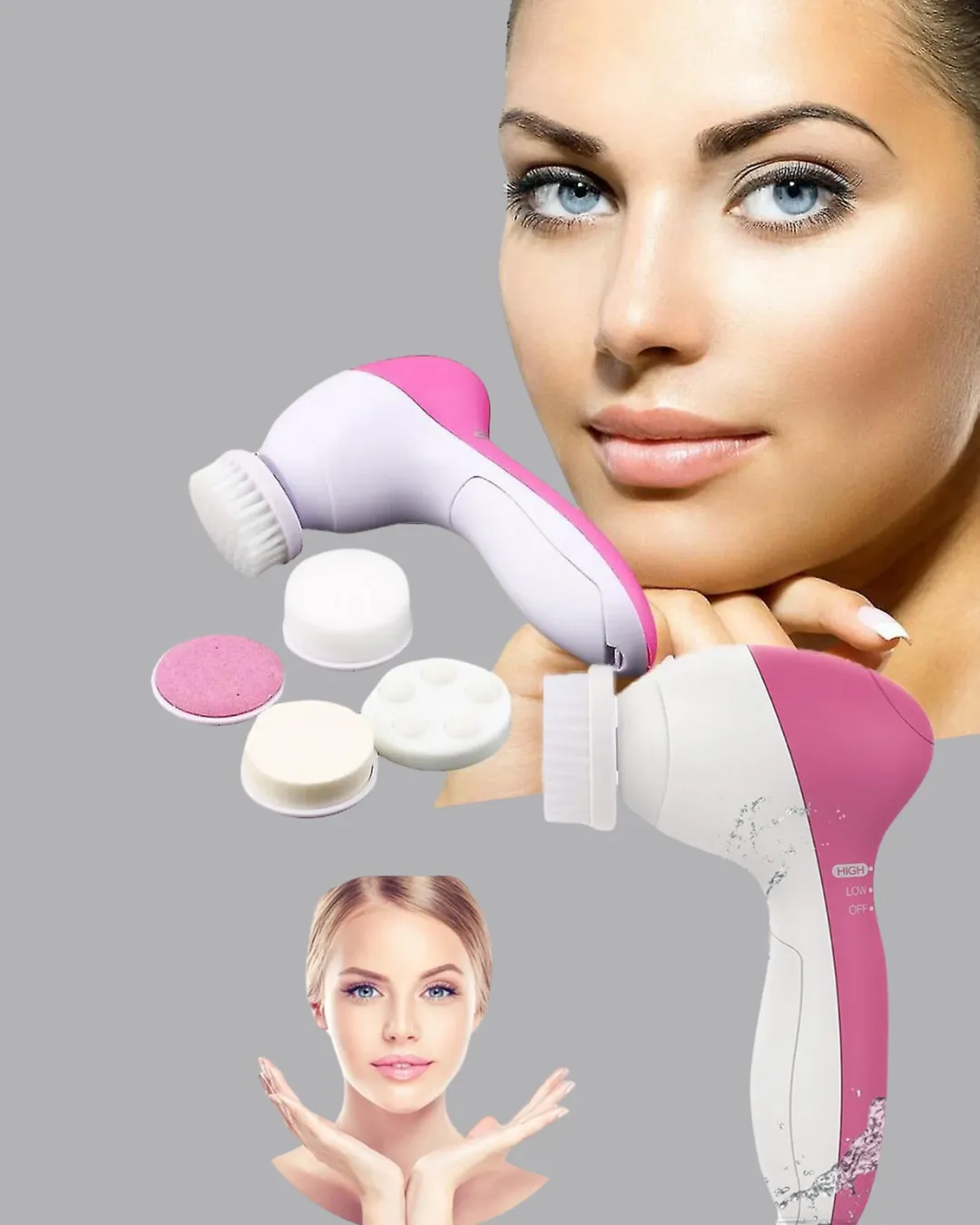 5’i 1 Arada Yüz Temizleme Cihazı – Masaj, Fırça, Peeling ve Krem Uygulama Aparatlı