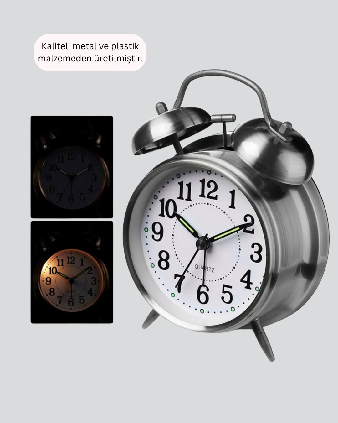 Dekoratif Yuvarlak Gümüş Sessiz Işıklı Masa Üstü Çalar Saat Alarmlı ve Şık Tasarım