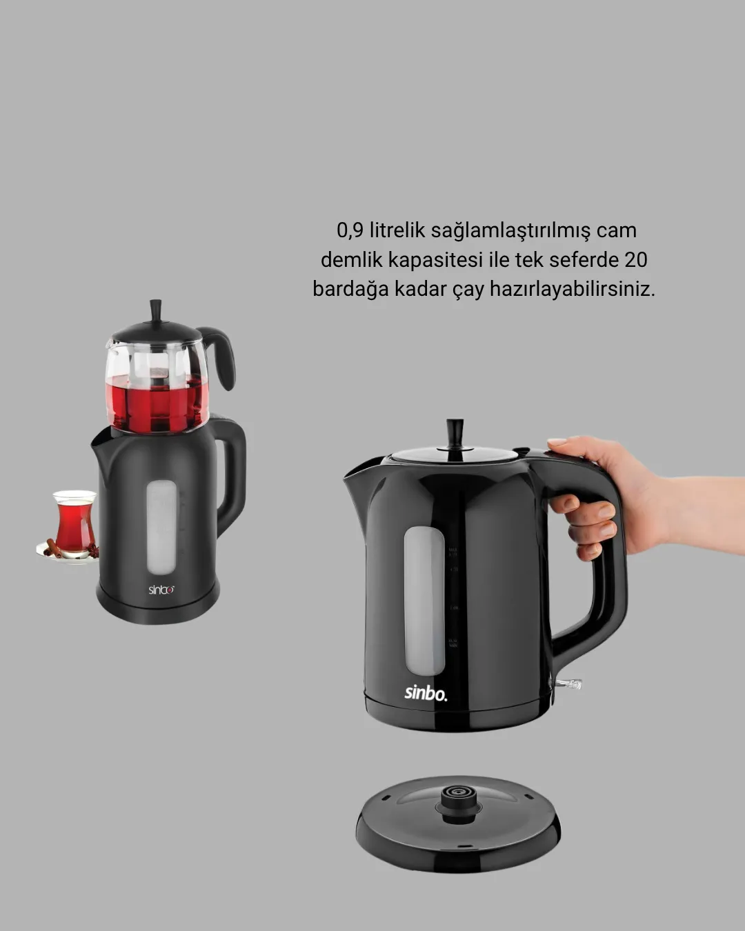 Sinbo STM 5840 Elektrikli Çay Makinesi 1800W Cam Demlik ve Sıcak Tutma Özellikli